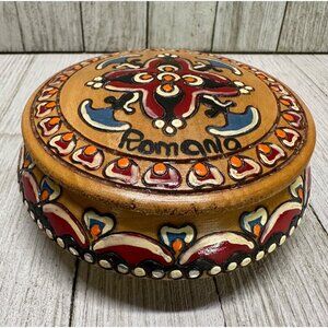 Vtg Carved Wooden Trinket Bowl with Lid Painted Romania 4" Diameter Souvenir